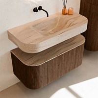 THOR-DLUX 100cm badmeubel ronding links + rechts kleur Walnut met 1 lade en 2 deuren. Vrijhangende wastafel CLOUD Midden zonder kraangat kleur Saba.-2