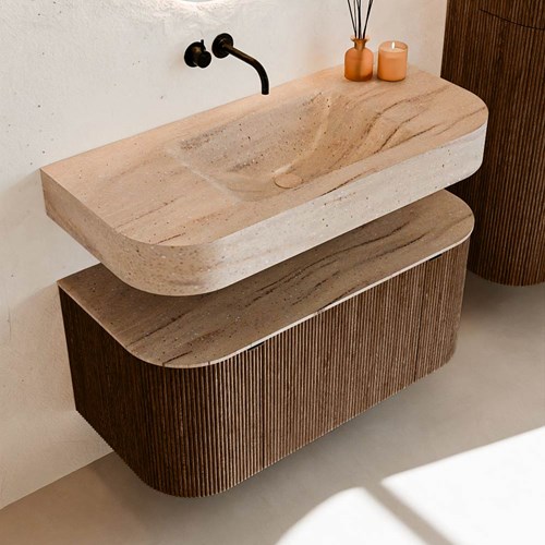 THOR-DLUX 100cm badmeubel ronding links + rechts kleur Walnut met 1 lade en 2 deuren. Vrijhangende wastafel CLOUD Midden zonder kraangat kleur Saba.-2
