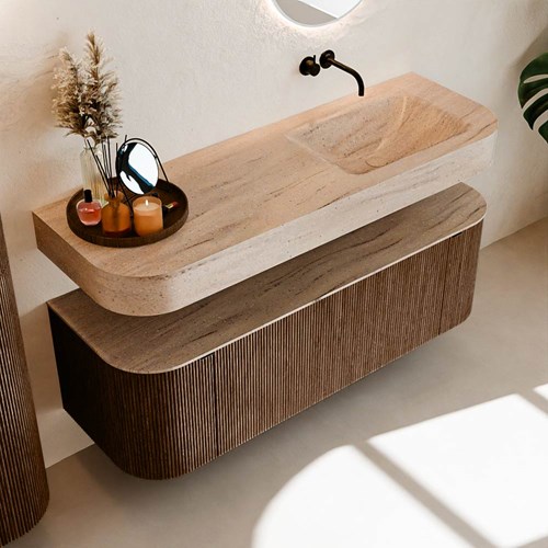 THOR-DLUX 140cm mueble de baño curva izquierda + derecha color Walnut con 1 cajón y 2 puertas. Lavabo suspendido CLOUD Derecho sin orificio color Saba.-2