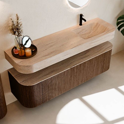 THOR-DLUX 160cm badmöbel kurve links + rechts farbe Walnut mit 1 schublade und 2 türen. Frei hängende waschtisch CLOUD Rechts 1 hahnloch farbe Saba.-2