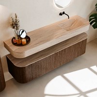THOR-DLUX 170cm meubles de salle de bains courbe gauche + droite couleur Walnut avec 1 tiroir et 2 portes. Lavabo suspendu CLOUD Droite sans trou pour robinet couleur Saba.-2