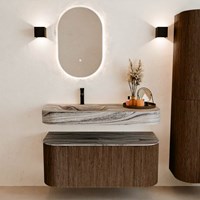 THOR-DLUX 110cm meubles de salle de bains courbe gauche + droite couleur Walnut avec 1 tiroir et 2 portes. Lavabo suspendu CLOUD Gauche 1 trou pour robinetter couleur Sombra.-3
