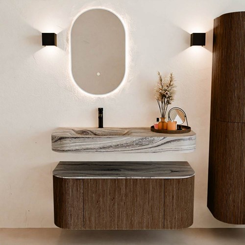 THOR-DLUX 110cm meubles de salle de bains courbe gauche + droite couleur Walnut avec 1 tiroir et 2 portes. Lavabo suspendu CLOUD Gauche 1 trou pour robinetter couleur Sombra.-3