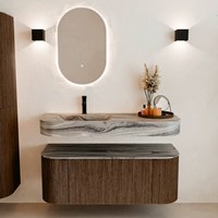 THOR-DLUX 120cm mueble de baño curva izquierda + derecha color Walnut con 1 cajón y 2 puertas. Lavabo suspendido CLOUD Izquierda 1 orificio color Sombra.-3