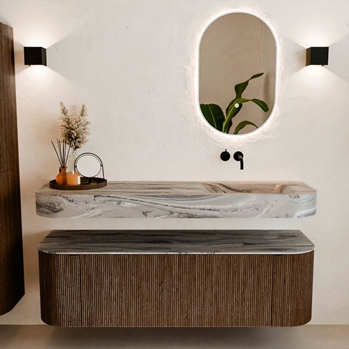 THOR-DLUX 150cm mueble de baño curva izquierda + derecha color Walnut con 1 cajón y 2 puertas. Lavabo suspendido CLOUD Derecho sin orificio color Sombra.-3
