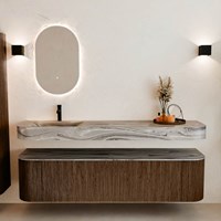 THOR-DLUX 180cm badmeubel ronding links + rechts kleur Walnut met 2 lades en 2 deuren. Vrijhangende wastafel CLOUD Links 1 kraangat kleur Sombra.-3