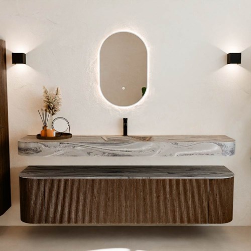THOR-DLUX 190cm meubles de salle de bains courbe gauche + droite couleur Walnut avec 2 tiroirs et 2 portes. Lavabo suspendu CLOUD Centrée 1 trou pour robinetter couleur Sombra.-3