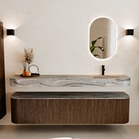 THOR-DLUX 190cm meubles de salle de bains courbe gauche + droite couleur Walnut avec 2 tiroirs et 2 portes. Lavabo suspendu CLOUD Droite 1 trou pour robinetter couleur Sombra.-3