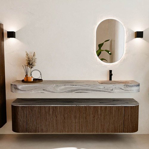 THOR-DLUX 190cm meubles de salle de bains courbe gauche + droite couleur Walnut avec 2 tiroirs et 2 portes. Lavabo suspendu CLOUD Droite 1 trou pour robinetter couleur Sombra.-3