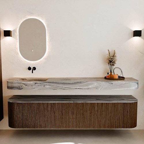 THOR-DLUX 200cm meubles de salle de bains courbe gauche + droite couleur Walnut avec 2 tiroirs et 2 portes. Lavabo suspendu CLOUD Gauche sans trou pour robinet couleur Sombra.-3