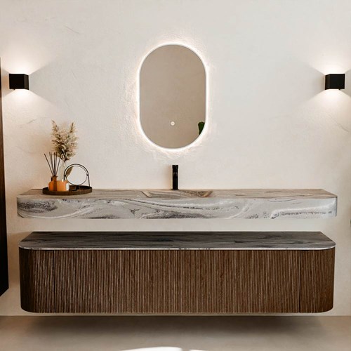 THOR-DLUX 200cm meubles de salle de bains courbe gauche + droite couleur Walnut avec 2 tiroirs et 2 portes. Lavabo suspendu CLOUD Centrée 1 trou pour robinetter couleur Sombra.-3