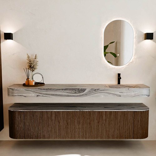 THOR-DLUX 200cm meubles de salle de bains courbe gauche + droite couleur Walnut avec 2 tiroirs et 2 portes. Lavabo suspendu CLOUD Droite 1 trou pour robinetter couleur Sombra.-3