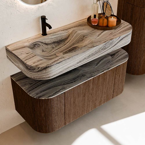 THOR-DLUX 110cm meubles de salle de bains courbe gauche + droite couleur Walnut avec 1 tiroir et 2 portes. Lavabo suspendu CLOUD Gauche 1 trou pour robinetter couleur Sombra.-2