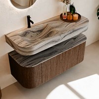 THOR-DLUX 120cm mueble de baño curva izquierda + derecha color Walnut con 1 cajón y 2 puertas. Lavabo suspendido CLOUD Izquierda 1 orificio color Sombra.-2