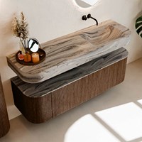 THOR-DLUX 150cm mueble de baño curva izquierda + derecha color Walnut con 1 cajón y 2 puertas. Lavabo suspendido CLOUD Derecho sin orificio color Sombra.-2
