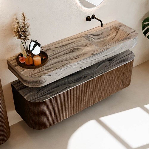 THOR-DLUX 150cm mueble de baño curva izquierda + derecha color Walnut con 1 cajón y 2 puertas. Lavabo suspendido CLOUD Derecho sin orificio color Sombra.-2
