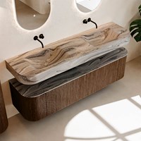 THOR-DLUX 170cm badmeubel ronding links + rechts kleur Walnut met 1 lade en 2 deuren. Vrijhangende wastafel CLOUD Dubbel zonder kraangat kleur Sombra.-2