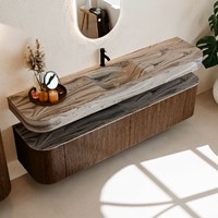 THOR-DLUX 190cm meubles de salle de bains courbe gauche + droite couleur Walnut avec 2 tiroirs et 2 portes. Lavabo suspendu CLOUD Centrée 1 trou pour robinetter couleur Sombra.-2
