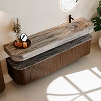 THOR-DLUX 190cm meubles de salle de bains courbe gauche + droite couleur Walnut avec 2 tiroirs et 2 portes. Lavabo suspendu CLOUD Droite 1 trou pour robinetter couleur Sombra.-2