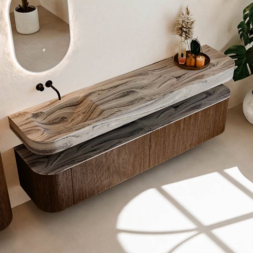 THOR-DLUX 200cm meubles de salle de bains courbe gauche + droite couleur Walnut avec 2 tiroirs et 2 portes. Lavabo suspendu CLOUD Gauche sans trou pour robinet couleur Sombra.-2