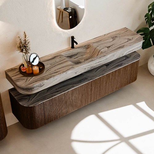 THOR-DLUX 200cm meubles de salle de bains courbe gauche + droite couleur Walnut avec 2 tiroirs et 2 portes. Lavabo suspendu CLOUD Centrée 1 trou pour robinetter couleur Sombra.-2