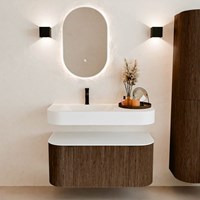 THOR 100cm meubles de salle de bains courbe gauche + droite couleur Walnut avec 1 tiroir et 2 portes. Lavabo suspendu CLOUD Gauche 1 trou pour robinetter couleur Talc.-3
