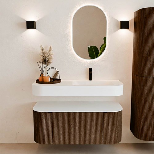 THOR 110cm meubles de salle de bains courbe gauche + droite couleur Walnut avec 1 tiroir et 2 portes. Lavabo suspendu CLOUD Droite 1 trou pour robinetter couleur Talc.-3