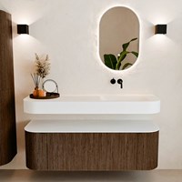 THOR 140cm mueble de baño curva izquierda + derecha color Walnut con 1 cajón y 2 puertas. Lavabo suspendido CLOUD Derecho sin orificio color Talc.-3