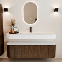 THOR 150cm meubles de salle de bains courbe gauche + droite couleur Walnut avec 1 tiroir et 2 portes. Lavabo suspendu CLOUD Centrée 1 trou pour robinetter couleur Talc.-3