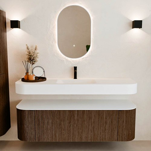 THOR 150cm meubles de salle de bains courbe gauche + droite couleur Walnut avec 1 tiroir et 2 portes. Lavabo suspendu CLOUD Centrée 1 trou pour robinetter couleur Talc.-3