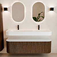 THOR 150cm meubles de salle de bains courbe gauche + droite couleur Walnut avec 1 tiroir et 2 portes. Lavabo suspendu CLOUD Double 2 trous robinetterie couleur Talc.-3
