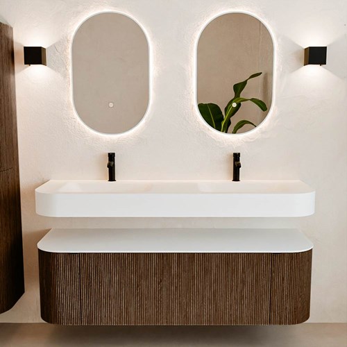 THOR 150cm meubles de salle de bains courbe gauche + droite couleur Walnut avec 1 tiroir et 2 portes. Lavabo suspendu CLOUD Double 2 trous robinetterie couleur Talc.-3