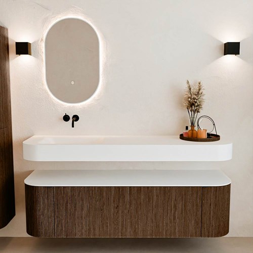 THOR 160cm mueble de baño curva izquierda + derecha color Walnut con 1 cajón y 2 puertas. Lavabo suspendido CLOUD Izquierda sin orificio color Talc.-3