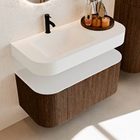 THOR 100cm meubles de salle de bains courbe gauche + droite couleur Walnut avec 1 tiroir et 2 portes. Lavabo suspendu CLOUD Gauche 1 trou pour robinetter couleur Talc.-2
