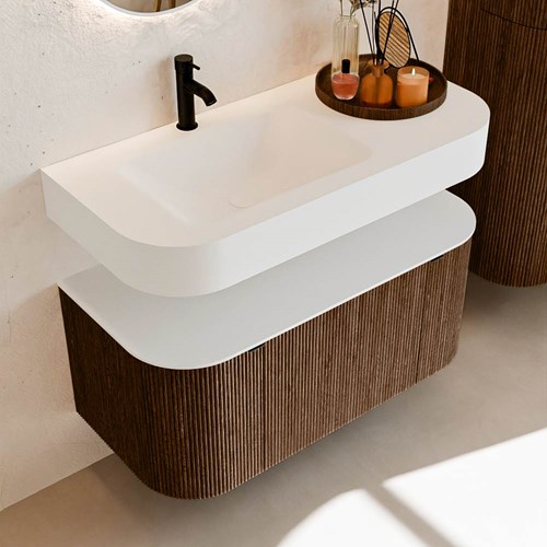 THOR 100cm meubles de salle de bains courbe gauche + droite couleur Walnut avec 1 tiroir et 2 portes. Lavabo suspendu CLOUD Gauche 1 trou pour robinetter couleur Talc.-2