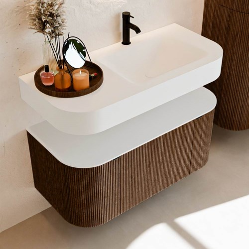 THOR 100cm meubles de salle de bains courbe gauche + droite couleur Walnut avec 1 tiroir et 2 portes. Lavabo suspendu CLOUD Droite 1 trou pour robinetter couleur Talc.-2
