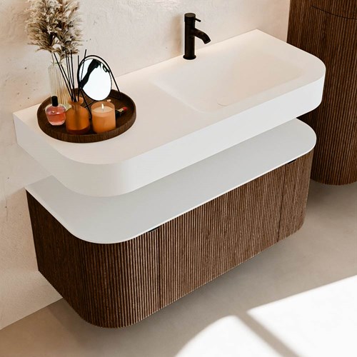 THOR 110cm meubles de salle de bains courbe gauche + droite couleur Walnut avec 1 tiroir et 2 portes. Lavabo suspendu CLOUD Droite 1 trou pour robinetter couleur Talc.-2