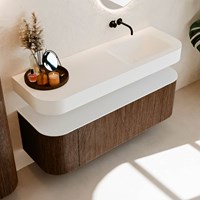 THOR 140cm mueble de baño curva izquierda + derecha color Walnut con 1 cajón y 2 puertas. Lavabo suspendido CLOUD Derecho sin orificio color Talc.-2