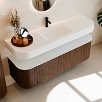 THOR 150cm meubles de salle de bains courbe gauche + droite couleur Walnut avec 1 tiroir et 2 portes. Lavabo suspendu CLOUD Centrée 1 trou pour robinetter couleur Talc.-2