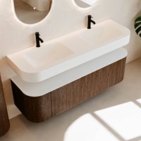 THOR 150cm meubles de salle de bains courbe gauche + droite couleur Walnut avec 1 tiroir et 2 portes. Lavabo suspendu CLOUD Double 2 trous robinetterie couleur Talc.-2