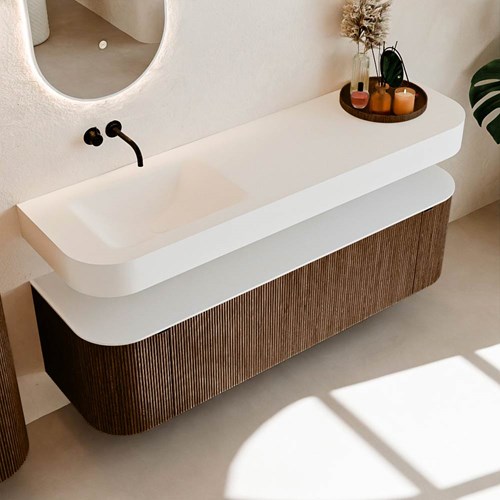 THOR 160cm mueble de baño curva izquierda + derecha color Walnut con 1 cajón y 2 puertas. Lavabo suspendido CLOUD Izquierda sin orificio color Talc.-2