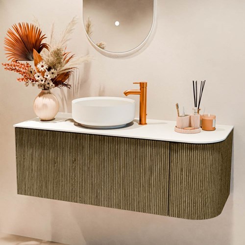 VELOR 115cm badmeubel ronding rechts kleur Dusk met 1 lade en 1 deur. Waskom COSS Links 1 kraangat kleur Talc.-2