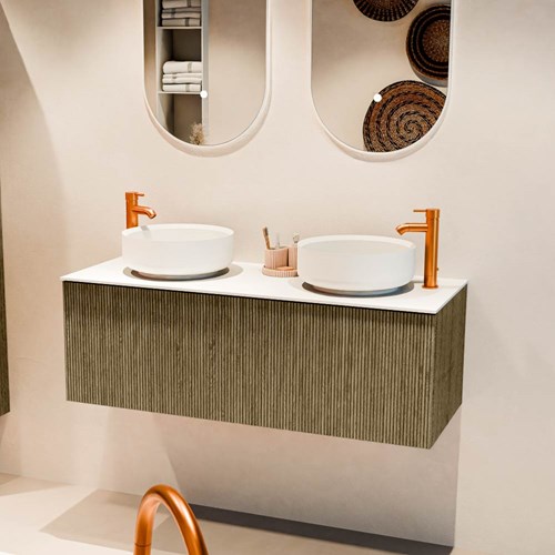 VELOR 120cm mueble de baño color Dusk con 1 cajón y sin puerta. Lavabos sobre encimera COSS Doble 2 orificios color Talc.-2