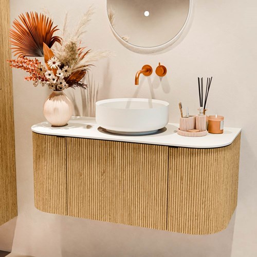 VELOR 100cm meubles de salle de bains courbe gauche + droite couleur Oak avec 1 tiroir et 2 portes. Vasque à poser COSS Centrée sans trou pour robinet couleur Talc.-2