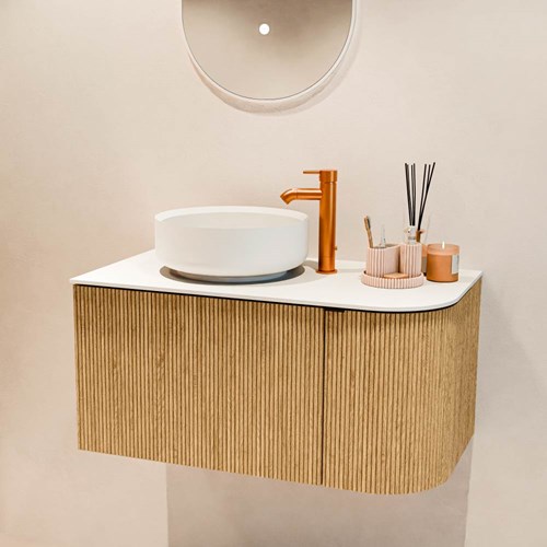 VELOR 85cm bathroom vanity set curve right color Oak with 1 drawer and 1 door. Countertop basin COSS Left 1 tab hole color Talc.-2