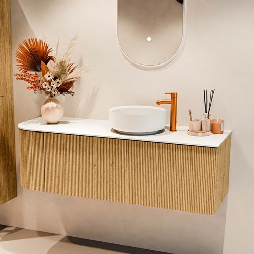 VELOR 135cm bathroom vanity set curve left color Oak with 1 drawer and 1 door. Countertop basin COSS Right 1 tab hole color Talc.-2