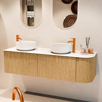 VELOR 155cm meubles de salle de bains courbe droite couleur Oak avec 2 tiroirs et 1 porte. Vasque à poser COSS Double / Gauche 2 trous robinetterie couleur Talc.-2