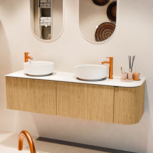 VELOR 155cm meubles de salle de bains courbe droite couleur Oak avec 2 tiroirs et 1 porte. Vasque à poser COSS Double / Gauche 2 trous robinetterie couleur Talc.-2