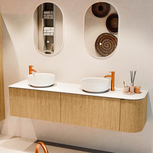 VELOR 175cm meubles de salle de bains courbe droite couleur Oak avec 2 tiroirs et 1 porte. Vasque à poser COSS Double / Gauche 2 trous robinetterie couleur Talc.-2