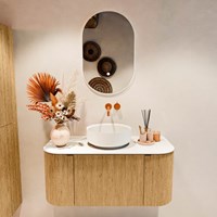 VELOR 100cm meubles de salle de bains courbe gauche + droite couleur Oak avec 1 tiroir et 2 portes. Vasque à poser COSS Centrée sans trou pour robinet couleur Talc.-3